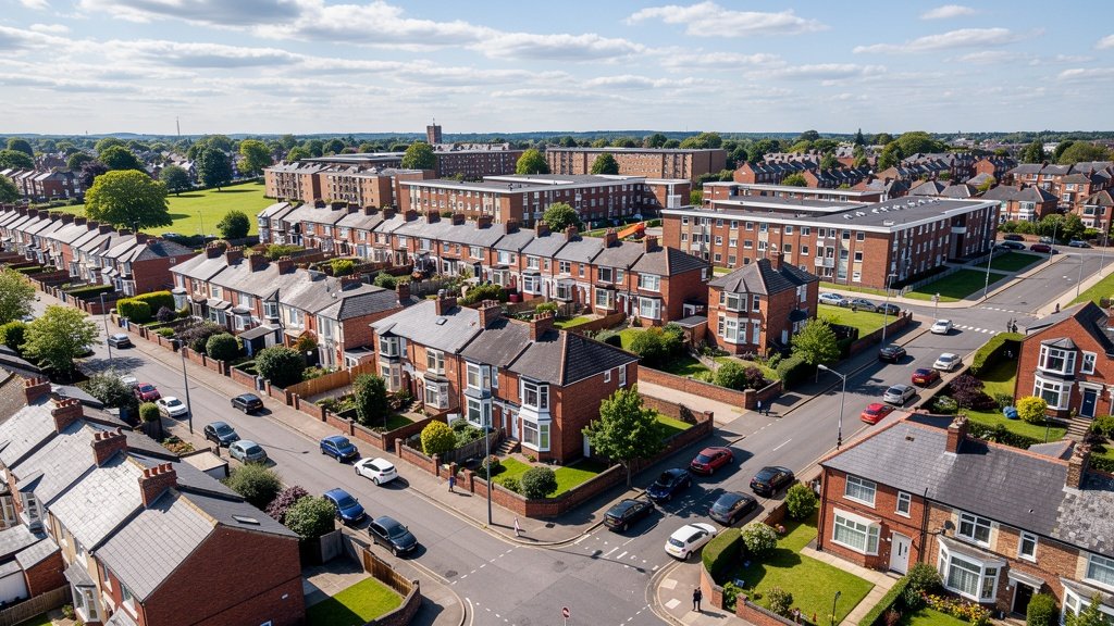 Aerial view of UK residential neighbourhood showing rows of terraced houses covered by Disrepair Claim Surveyors