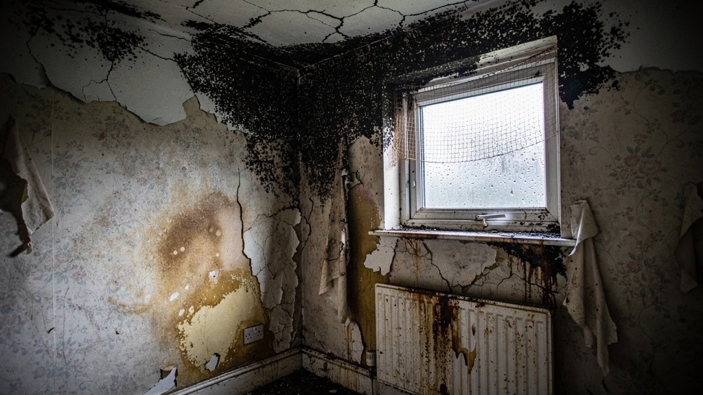 Black mould and damp on walls of a UK social housing property