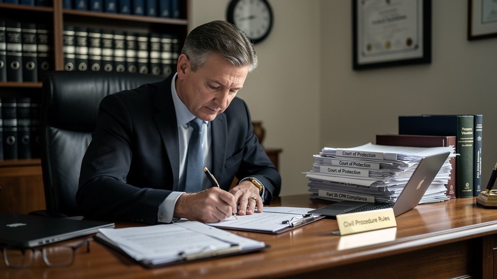 Surveyor writing a Part 35 expert witness report at a desk