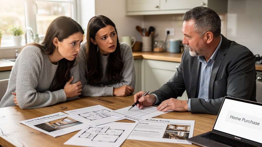 Home buyers reviewing a RICS Level 2 HomeBuyer Report with a surveyor