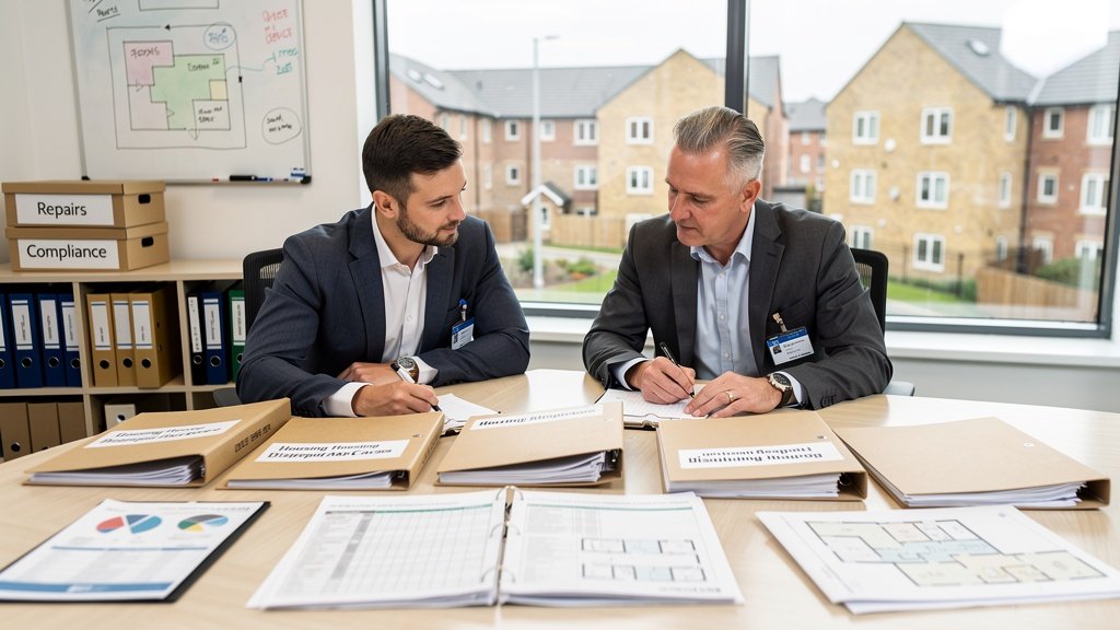 Housing association manager meeting with a surveyor to review property disrepair reports