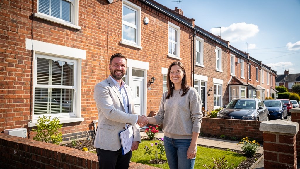 Landlord and tenant resolving a housing disrepair dispute outside a terraced house