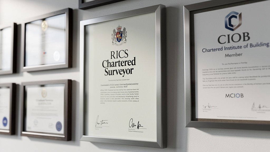 RICS accreditation certificates displayed on a professional office wall