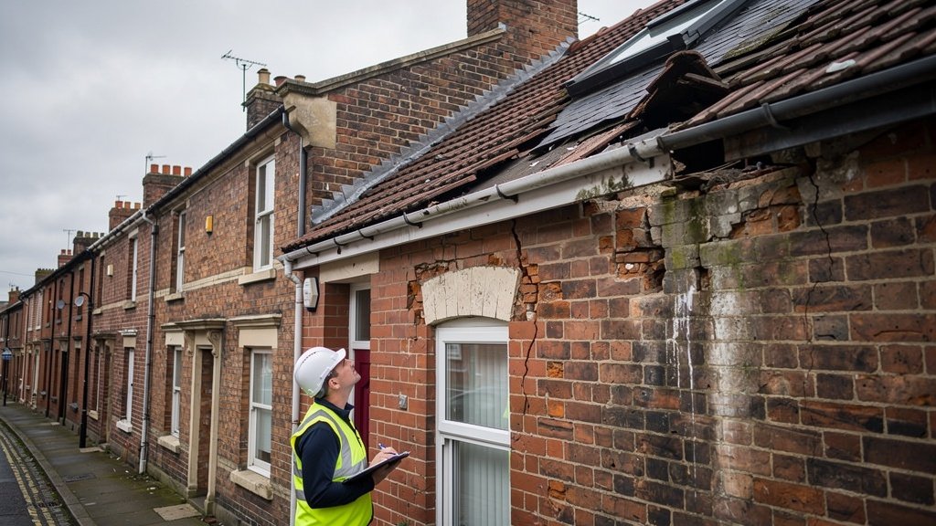 Surveyor inspecting damaged roof tiles and broken guttering on a UK Victorian terraced house