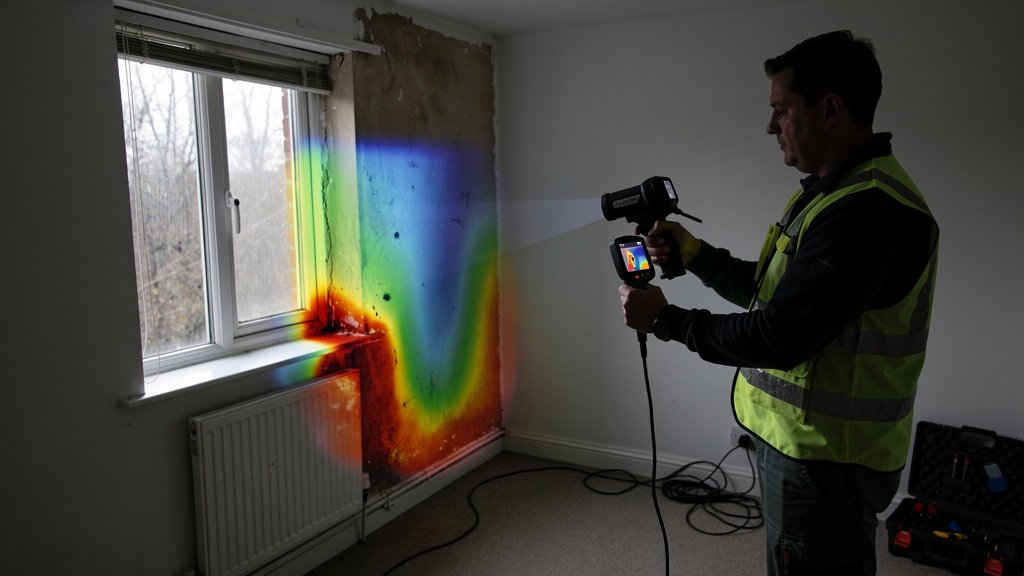 Surveyor using thermal imaging equipment to detect hidden damp behind walls