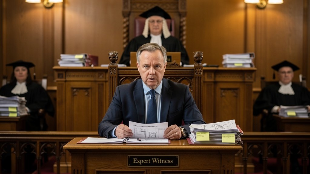 Expert witness surveyor presenting evidence in a UK court during a housing disrepair case
