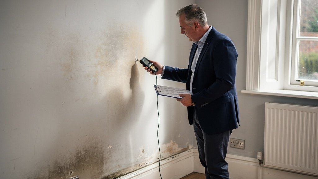 Accredited surveyor conducting a housing disrepair inspection, checking for damp and structural issues