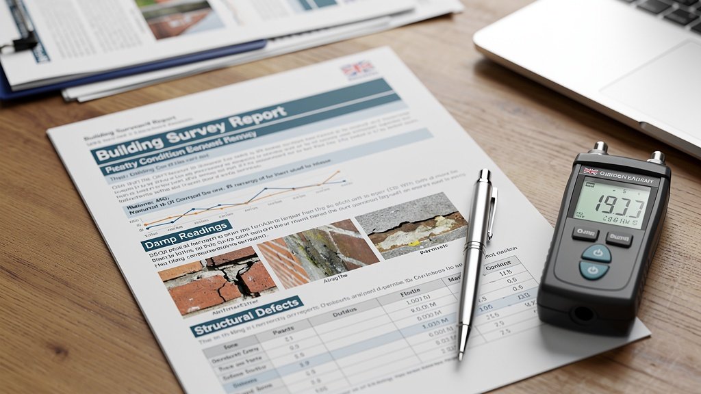 A detailed housing disrepair survey report on a surveyor's desk with inspection tools